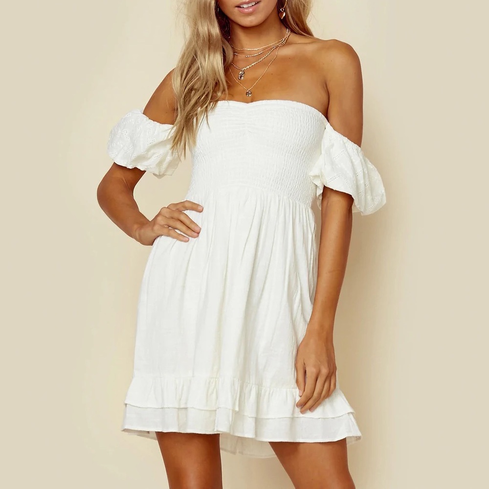 Steele White Shirred Mini Dress with Puff Off the Shoulder Sleeves